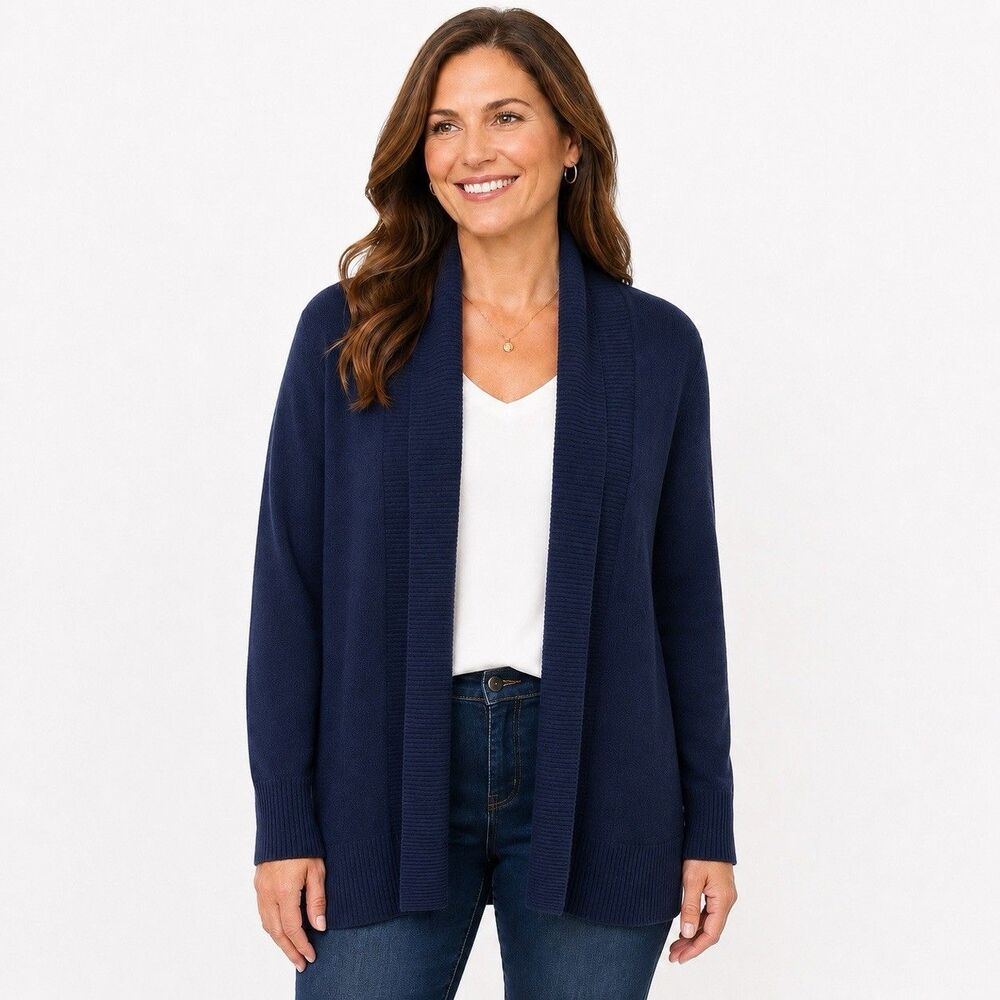 Charter Club Luxury 100% Cashmere Cardigan Women XL Navy Open Front Shawl Collar